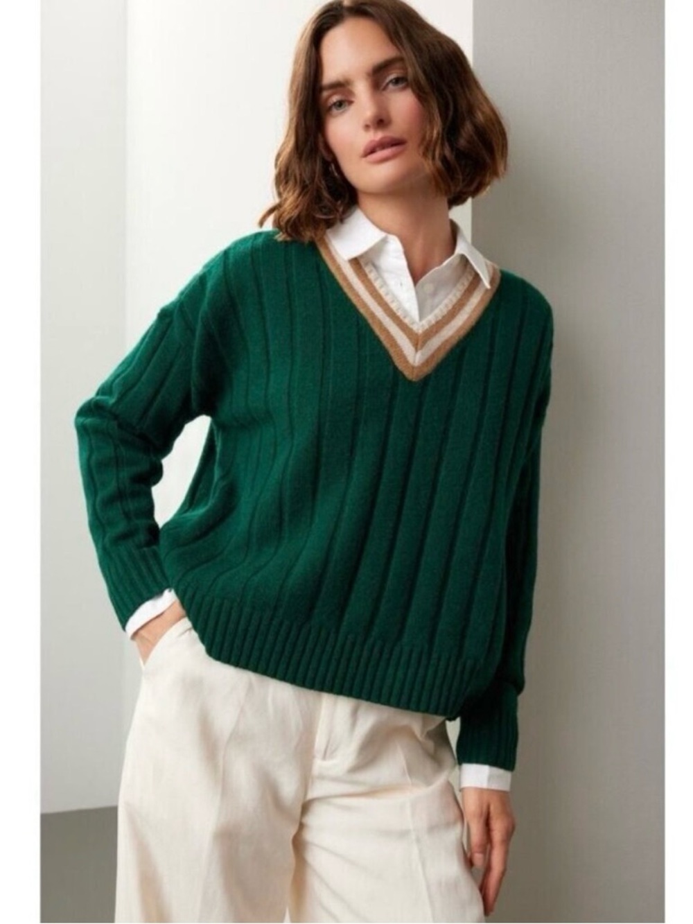 Madewell Tipped V-Neck Oversized Sweater Sz M Green Academia Preppy Heritage